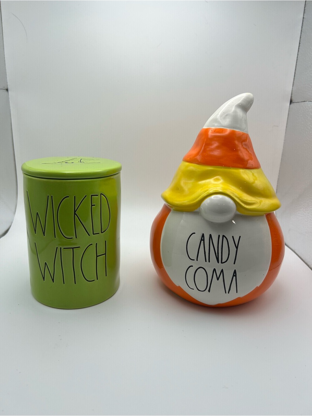 Rae Dunn Candy Corn Gnome Ceramic Jar White, Orange, Yellow & Green Witch Candle